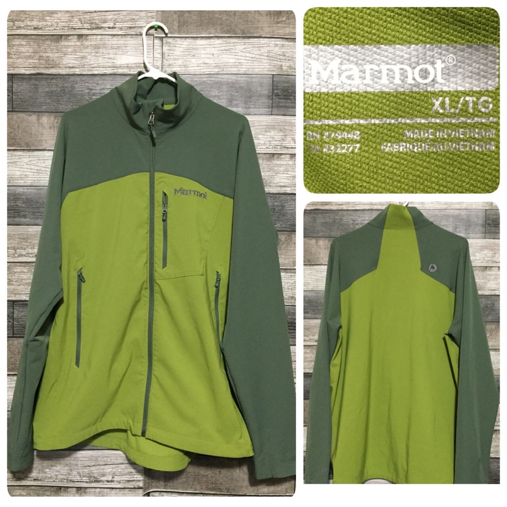 Marmot Softshell Full Zip Jacket Men’s XL Green Stretch Pockets Color Block